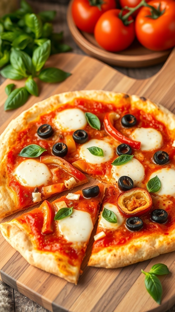 Gluten-Free Pizza Dough Recipe for Bread Machine A gluten-free pizza with a golden crust topped with tomato sauce, mozzarella cheese, and vegetables on a wooden board.